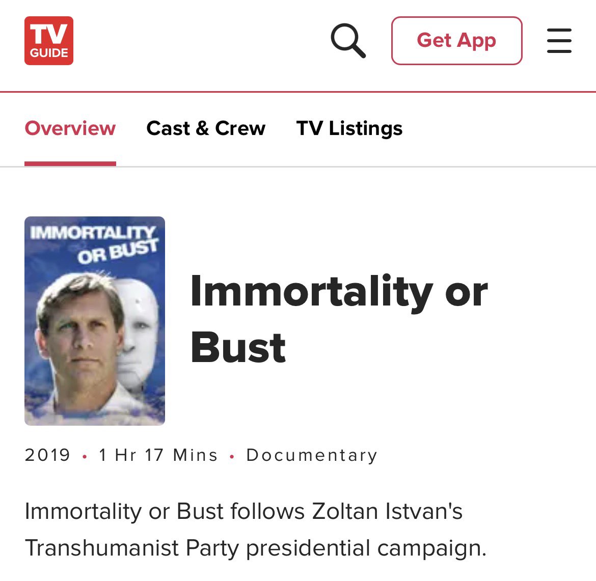 zoltan_istvan's tweet photo. I saw the documentary on my work, Immortality or Bust, featured on TV Guide the other day! https://t.co/cNBHWt8JKt https://t.co/gLCf7dtdSc