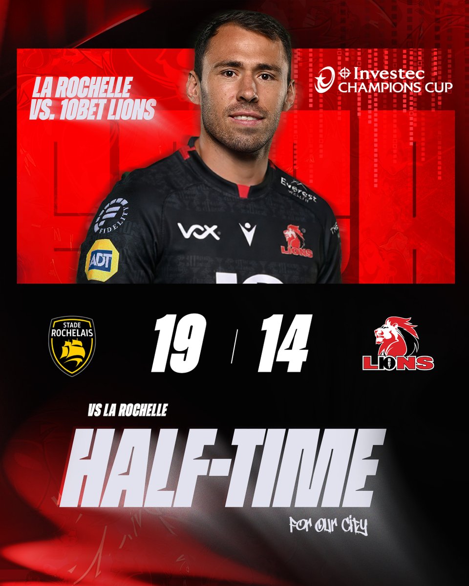LionsRugbyCo's tweet photo. 𝗛𝗔𝗟𝗙-𝗧𝗜𝗠𝗘 | La Rochelle 19 – 14 10bet Lions
#ForHyron
#InvestecChampionsCup | #ForOurCity | #LionsPride🦁 https://t.co/z7V9nX5LXU