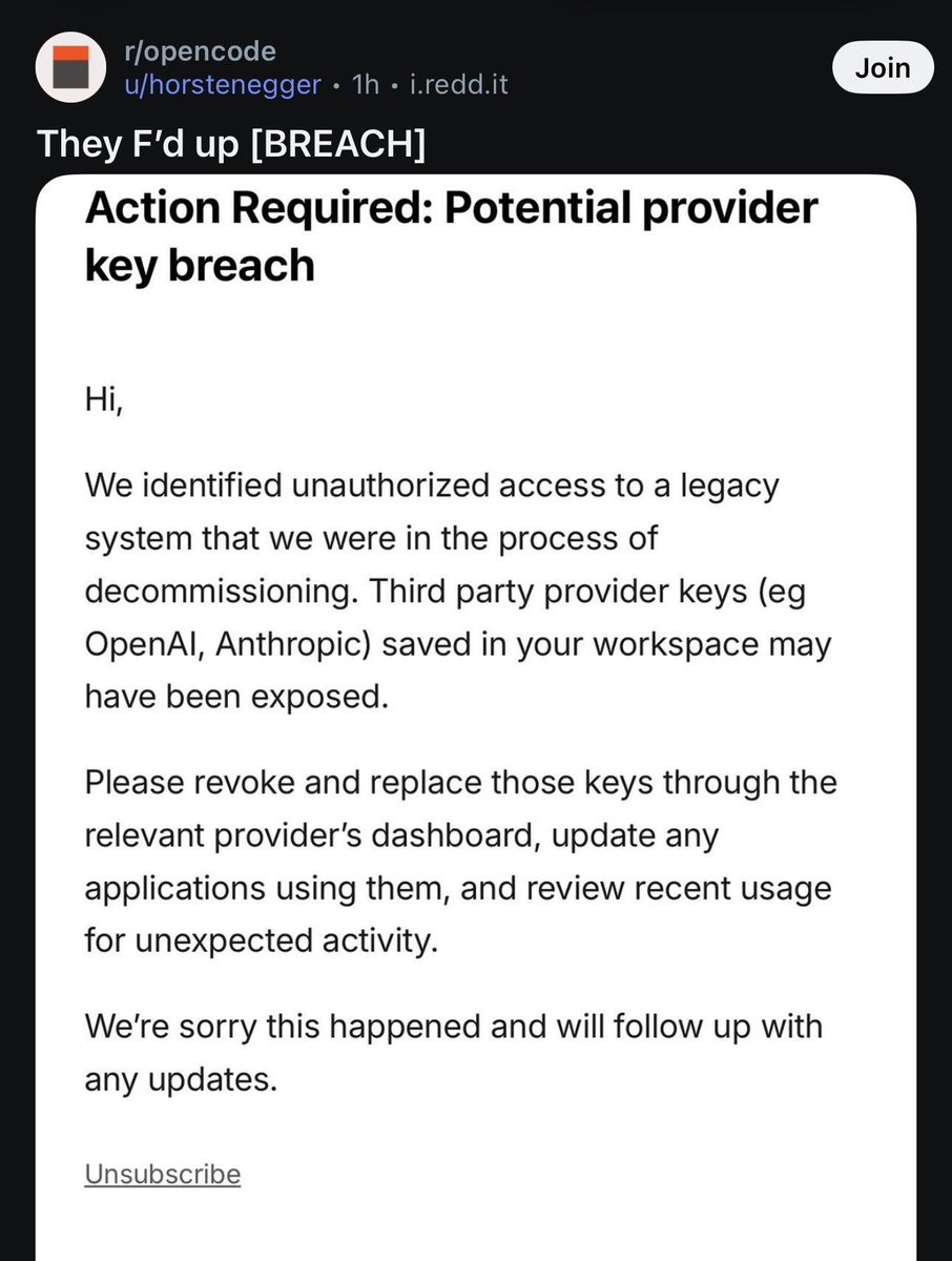 halemdim's tweet photo. does @opencode got hacked 

revoke your keys guys
change your password https://t.co/cRtLuo89NC