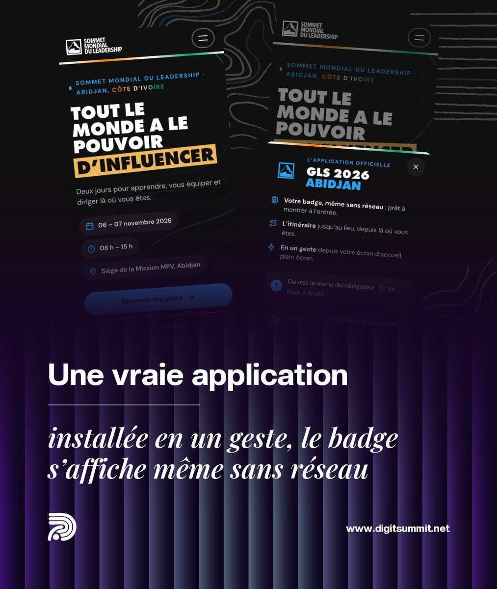DigitSummit's tweet photo. GLS 2026 Abidjan 🏔️ : la plateforme complète de l'événement, signée DiGit Summit.

🎟️ Inscription + paiement mobile money
🪪 Badge QR envoyé aussitôt
📱 App installable, badge visible sans réseau
📷 Contrôle des entrées à la caméra https://t.co/zm1QAPJnRW