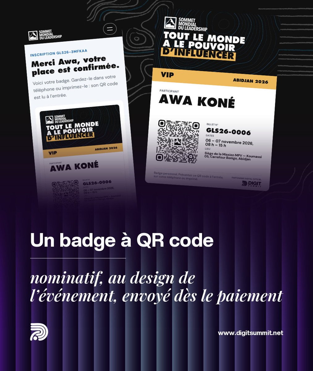DigitSummit's tweet photo. GLS 2026 Abidjan 🏔️ : la plateforme complète de l'événement, signée DiGit Summit.

🎟️ Inscription + paiement mobile money
🪪 Badge QR envoyé aussitôt
📱 App installable, badge visible sans réseau
📷 Contrôle des entrées à la caméra https://t.co/zm1QAPJnRW