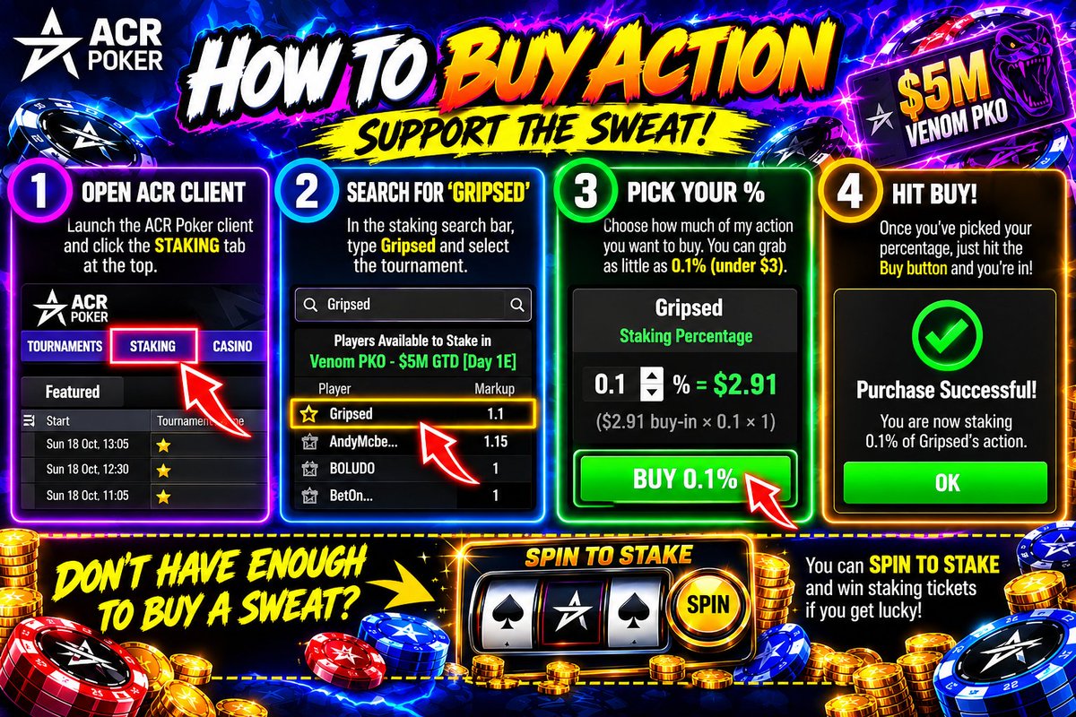 Gripsed's tweet photo. 🚨 $5 MILLION VENOM PKO TOMORROW 
🎯 I’m firing the $2,650 Venom at 1PM ET Sunday 🐍
🎁 Giving away 1% of my action! ($30 value)
🔁 Repost + wish me luck to enter

Want a bigger sweat?
💰 45% is for sale in the ACR Client
👉 Grab as little as 0.1% for under $3
#LetsGetStackin https://t.co/FCNsuMMLSY