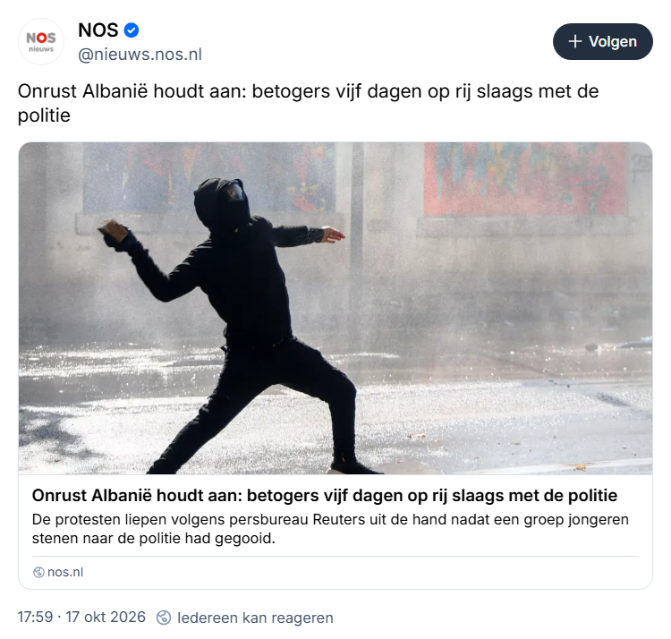 eenblikopdenos's tweet photo. Ik heb beelden gezien van de rellen in #Tirana (de hoofdstad van #Albanië) en beschouw het woord "onrust" als een eufemisme. 😁 1/2 #typischNOS ⭕️ https://t.co/h8qbbNrZDW