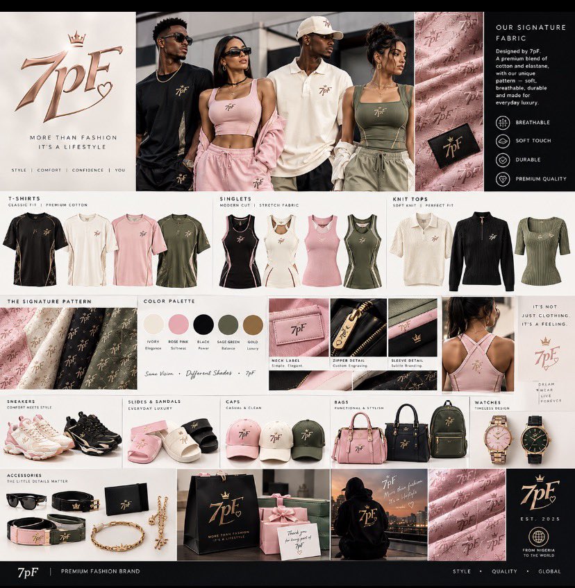 aguduPhiwa80823's tweet photo. 👑✨ Introducing 7pF ✨👑
More than fashion, it’s a vision. ❤️ A new journey of elegance, confidence, and unique style is beginning. 🌍💫
7pF — Your Style, Your Identity. 🖤🤍
Stay tuned. Something beautiful is coming! 🥰🔥
#7pF #FashionBrand #ComingSoon #LuxuryFashion #NewBe https://t.co/J5hBij39EQ