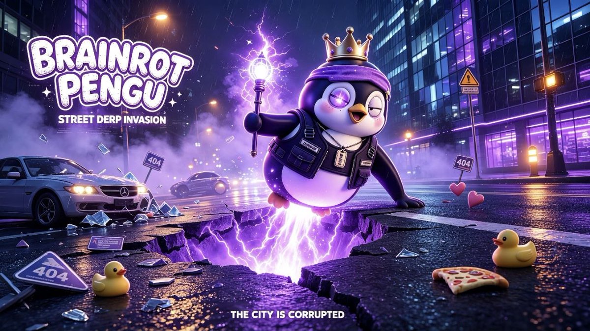 BrainRotPengu_'s tweet photo. Rain pours over broken city streets.
Pengu rises with purple lightning.
Derp energy corrupts everything it touches.
Stay alert for early access before the invasion begins.
#BrainRotPengu https://t.co/knKOB2FpnL