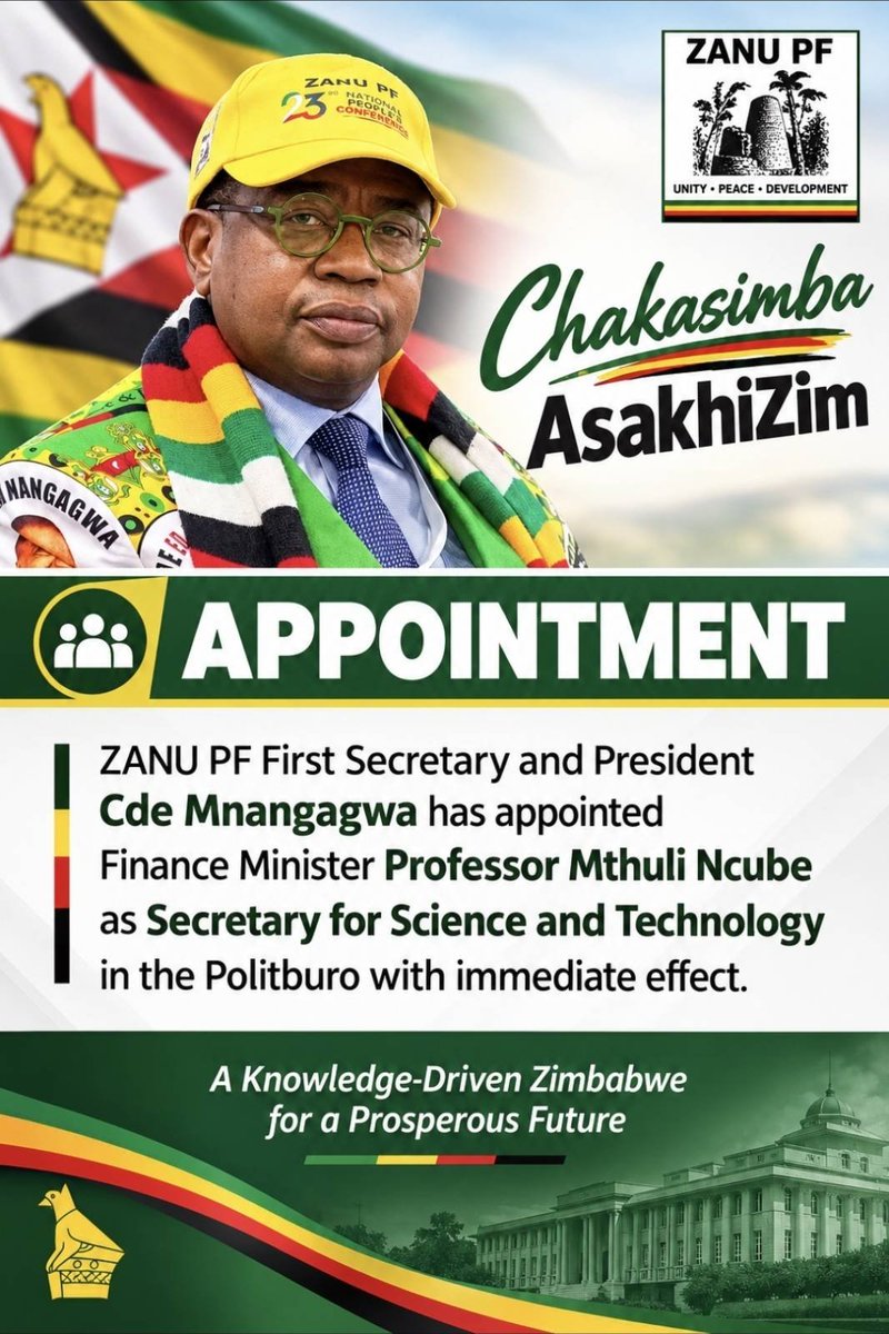 PettyMaumbe's tweet photo. A Well-Deserved Appointment! 
Congratulations to @MthuliNcube01 on taking on the vital role of Politburo Secretary for Science and Technology. Here's to pushing the boundaries of innovation for a prosperous Zimbabwe! #Chakasimba  @zanupf_patriots https://t.co/iIZdSwc0XM