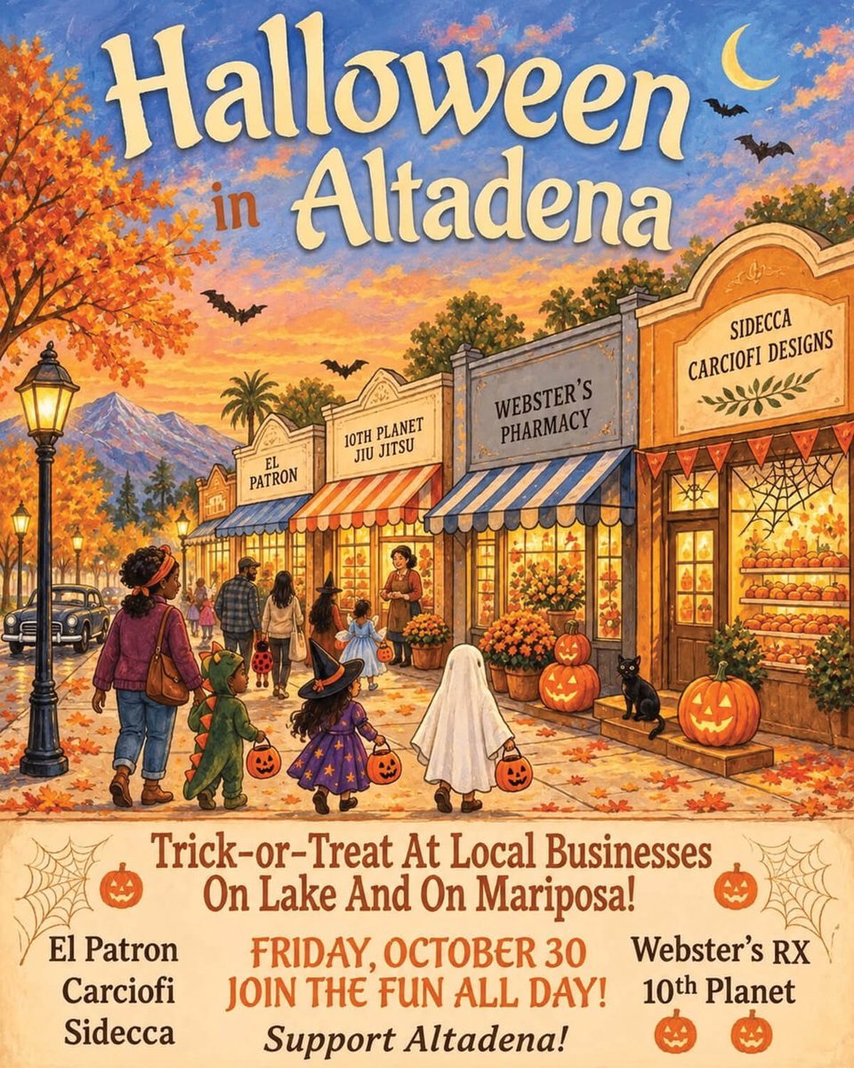 EventsInCali's tweet photo. https://t.co/R7ZIJ1KV86
Trick or Treat, Halloween, Lake and Mariposa, Altadena, CA | Oct 30, 2026
#Altadena #California #CaliforniaEvents #EventsInCalifornia #Halloween #LakeandMariposa #LosAngeles #TrickorTreat #FallFestivals #FamilyEvents #Halloween #latestevents #newevents https://t.co/IMN8YicI1v