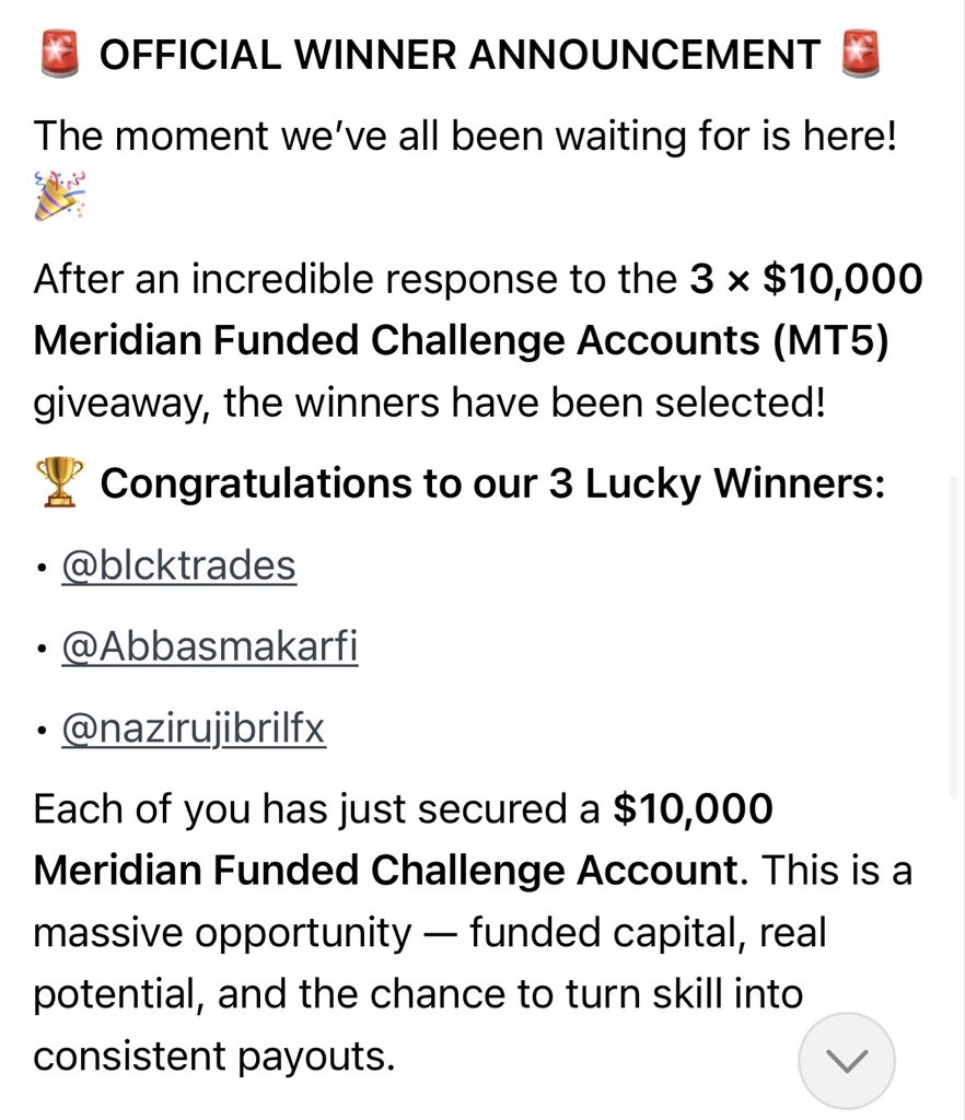 B0yplunger's tweet photo. 🚨 OFFICIAL WINNER ANNOUNCEMENT 🚨

After an incredible response to the 3 × $10,000 Meridian Funded Challenge Accounts (MT5) giveaway, the winners have been selected!

🏆 Congratulations to our 3 Lucky Winners:
• @blcktrades
• @Abbasmakarfi
• @nazirujibrilfx

Each of you has just secured a $10,000 Meridian Funded Challenge Account. This is a massive opportunity.