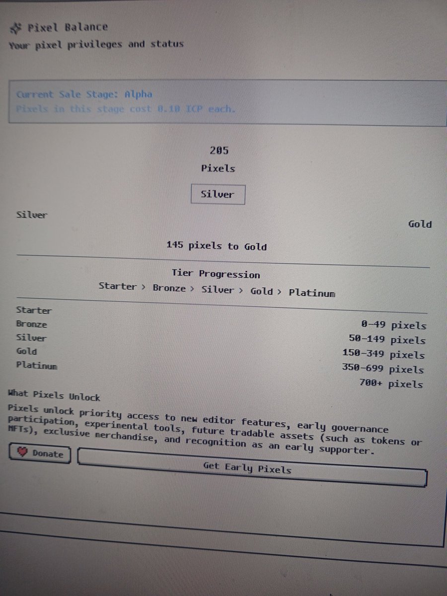 kostasBeekeeper's tweet photo. The future of on-chain pixel creation is here.

ICPixel delivers pixel art, animation  and sprite tooling natively to the Internet Computer. 🎨

Why grab early Pixels?

- Creative Priority: First access to new editor tools & experimental features

- Governance Power: Direct influence over platform decisions

- Future Value: Eligibility for upcoming tokens, NFTs, and exclusive physical merch

- Community Distinction: Official recognition as a foundational backer

Build the future of pixel art on-chain. ⚡ #ICP

Current Sale Stage: Alpha
Pixels in this stage cost 0.10 $ICP  each.

I bought mine and I AM AT THE SILVER Tier ! 💪
@icpixeleditor  
https://t.co/3DXcgPFqkO