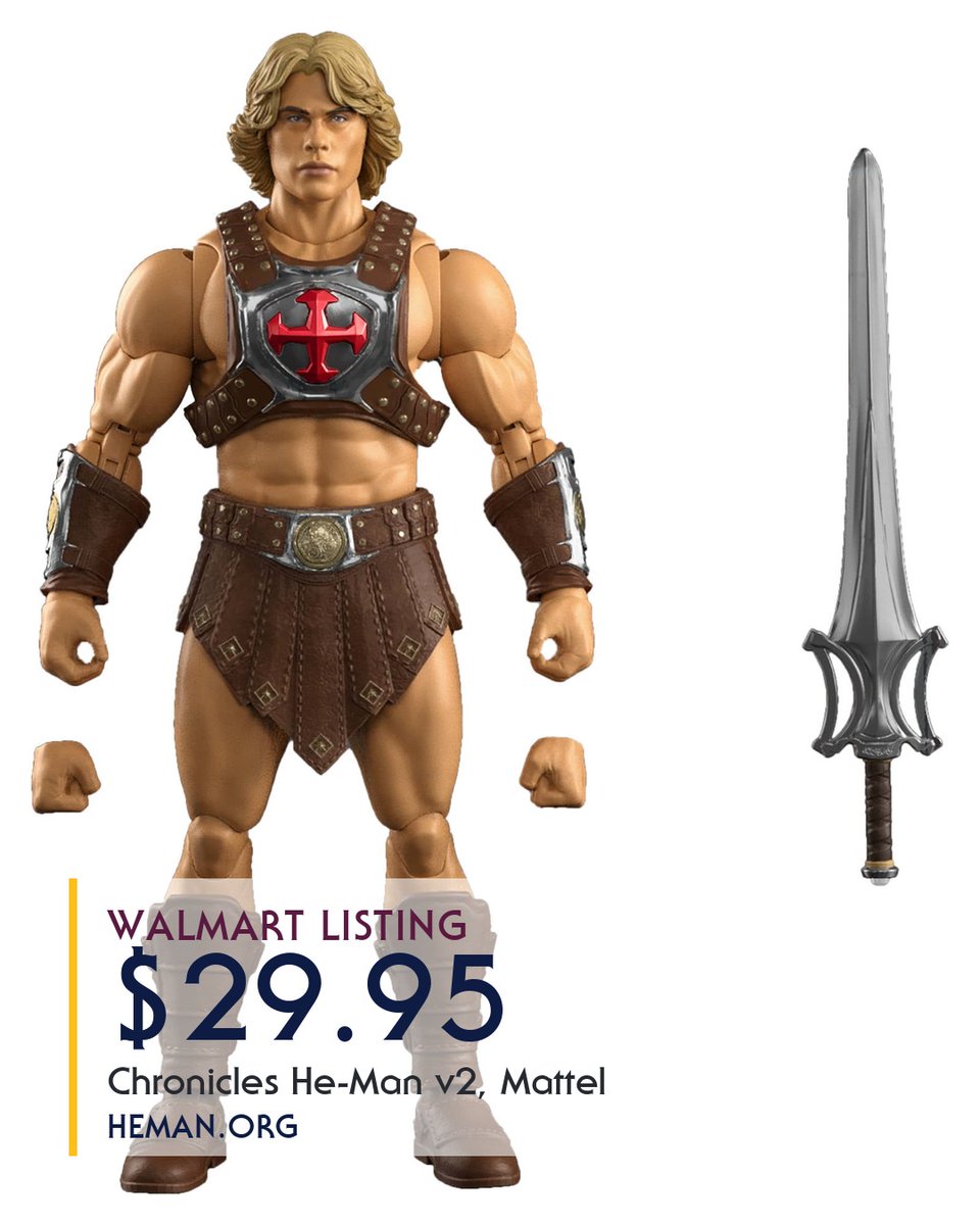 hemanorg's tweet photo. The second Chronicles He-Man has its own product code, so it was never a running change. Mattel's photos are up at Walmart at $29.95. The original is still the one you can order, $26.99 at BBTS.

https://t.co/b2P84nHbhz https://t.co/4G578Y6LSf