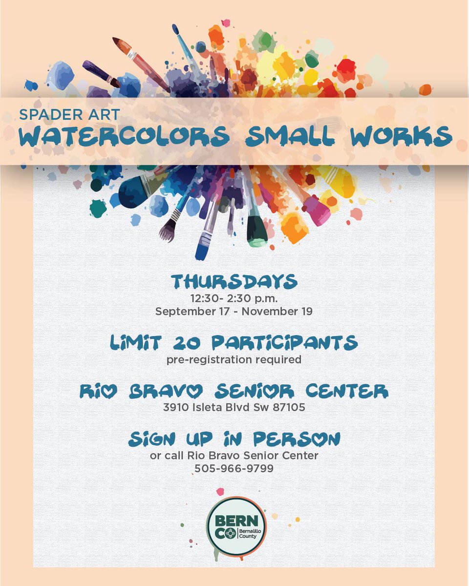 BernCounty's tweet photo. 🎨 Discover your creative side with Watercolors Small Works at Rio Bravo Senior Center! Join us Thursdays from 12:30–2:30 p.m. through Nov. 19 for a chance to explore watercolor art and get creative. Sign up in person at 3910 Isleta Blvd. SW or by calling 966-9799. 🖌️🎨 https://t.co/3fKSB0C7eq