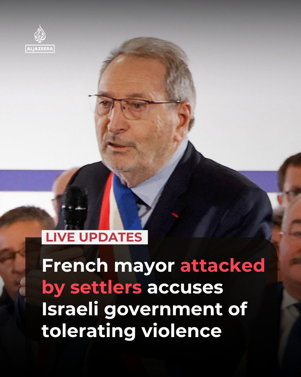 AJEnglish's tweet photo. French mayor Bernard Baudoux who was with European diplomats attacked by Israeli settlers in the occupied West Bank, has accused the Israeli government of tolerating settler violence.

🔴 LIVE updates: https://t.co/q9hqc5sCmV https://t.co/EVR6D3lcbX