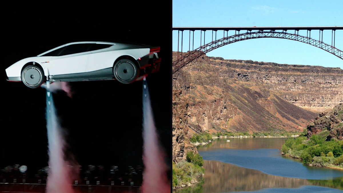 XFreeze's tweet photo. Elon Musk just gave a huge update on the next Tesla Roadster demos

Future Roadster demos will include flying over the Snake River or maybe the Grand Canyon, then landing on its wheels

And exceeding half the speed of sound

The Snake River Canyon is where Evel Knievel attempted his famous rocket jump in 1974. His parachute deployed too early, and he drifted back down into the canyon without making it across

Now a Tesla Roadster is set to fly over it and land on its wheels like a normal car

At the unveiling, the Roadster already flew on cold-gas thrusters, did a full barrel roll in mid-air, and kickflipped over a Tesla Semi

Elon also said the Roadster will be able to perform these tricks autonomously, and that Tesla is building a wild looping track at its Texas HQ, crazier even than Hot Wheels, where owners can test their Roadsters

Turns out the future does have flying cars