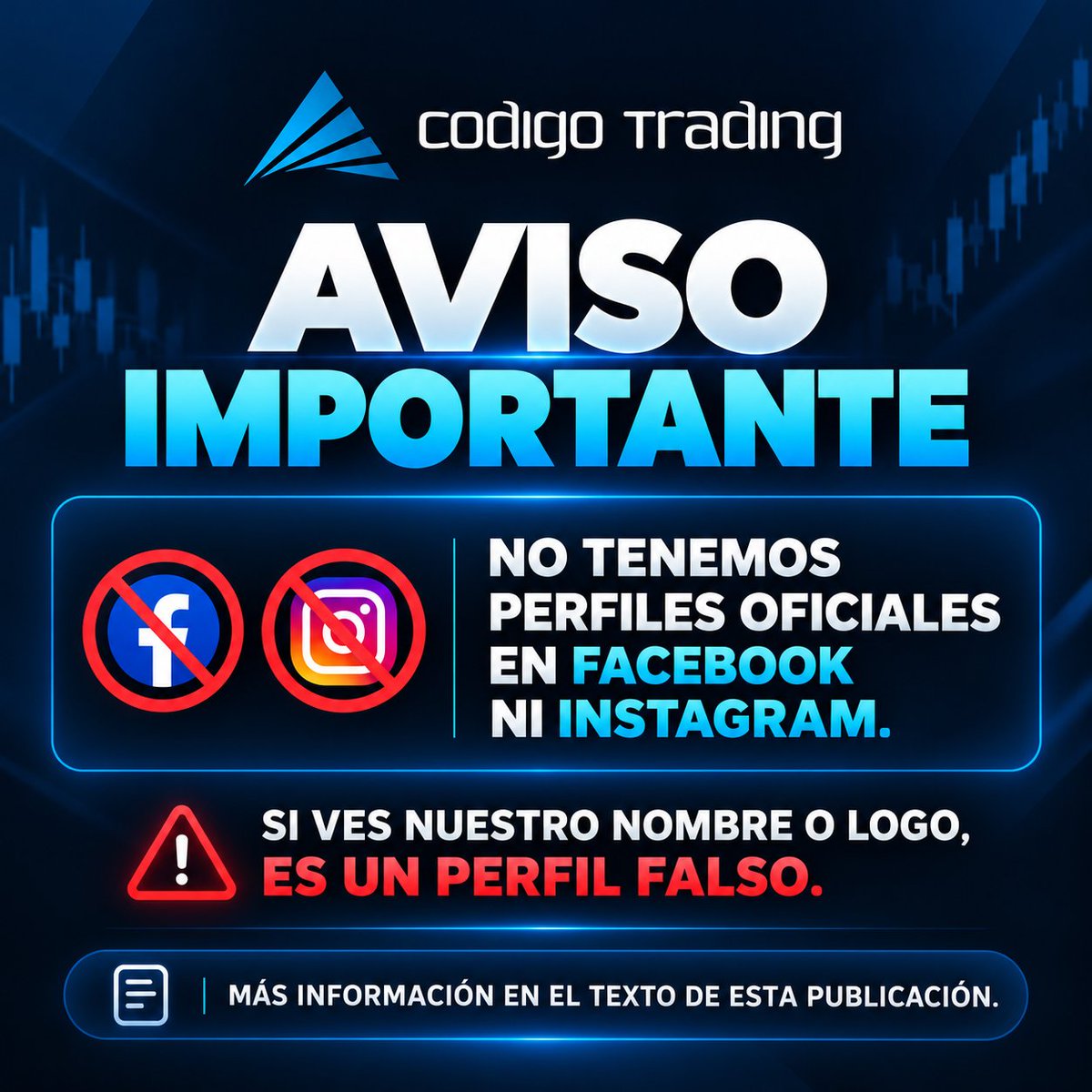 CodigoTrading's tweet photo. ⚠️ Actualmente NO tenemos perfiles oficiales en Facebook ni Instagram. Cualquier cuenta que utilice nuestro nombre o logotipo en estas redes no nos pertenece.

Por favor, no enviéis dinero ni datos personales a estos perfiles y denunciadlos.

Gracias por vuestro apoyo. https://t.co/kGW30r2HYk