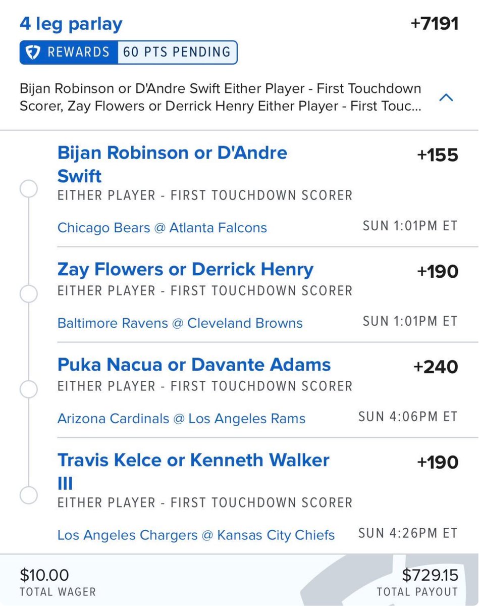 parlay_bae's tweet photo. 💗 $10 to $730 on NFL Sunday

Two bites at each First TD Scorer…

Click to tail: https://t.co/mHbrbvZtud

21+, gamble responsibly. https://t.co/XlfZpYpo4q