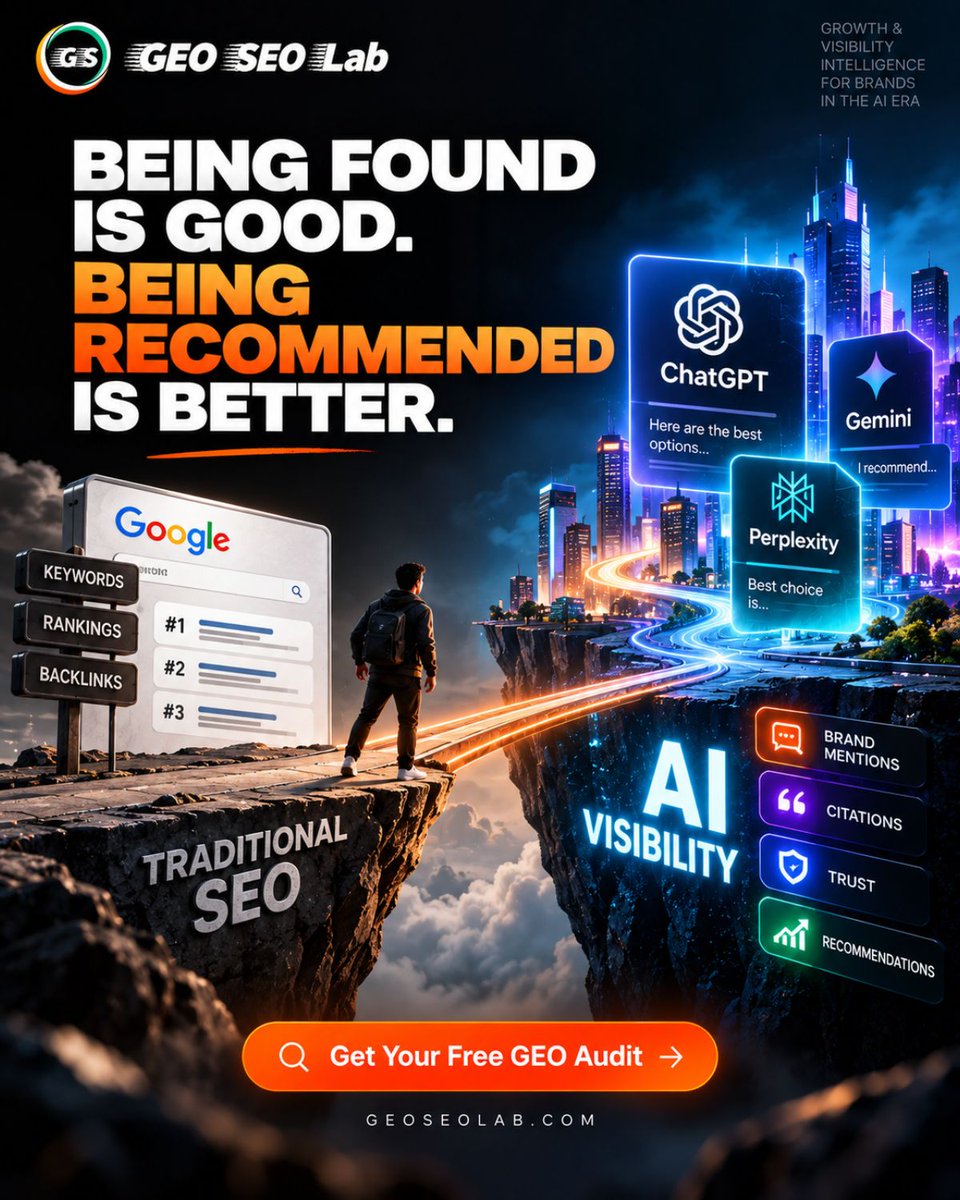 GEO_SEO_Lab's tweet photo. Rankings bring traffic. Recommendations bring opportunity.

#AIVisibility #GEO #SEO #GenerativeEngineOptimization #GEOSEOLab https://t.co/lKlTN5Fuic