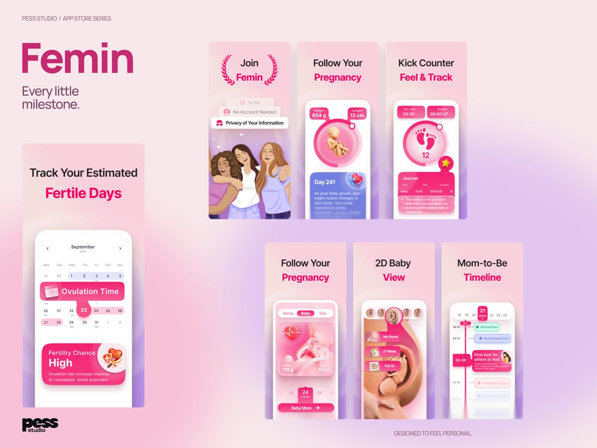 Umutp__'s tweet photo. A softer first impression.

My App Store screenshot design for Femin uses blush pink, lavender and friendly illustrations to introduce pregnancy tracking and personal milestones.

#AppStoreDesign #VisualDesign https://t.co/ltYTnkNikA