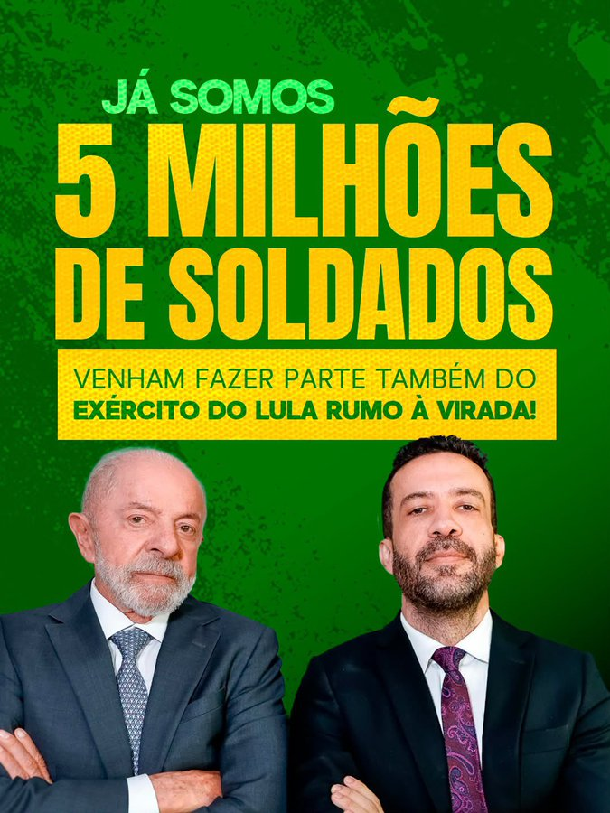 LulaoRei's tweet photo. Somos 5 Milhoes De Soldados Do Lula https://t.co/WHoDv1KLgX