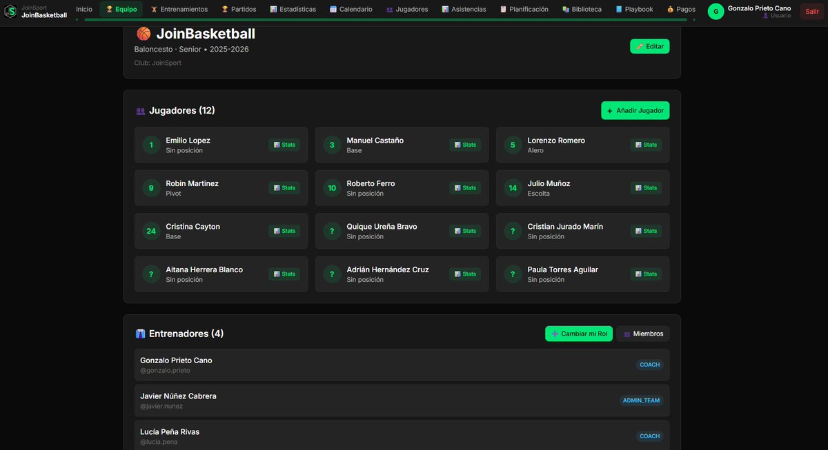 JoinSportApp's tweet photo. Entrenar no es un trabajo de uno solo. Está el primer entrenador, el ayudante, el preparador físico...
En @JoinSportApp tu equipo tiene su propio espacio:
🏀 La plantilla al completo con sus números y posiciones.
🔗 Acceso directo a las estadísticas de cada jugador. https://t.co/a2v07g1rYR