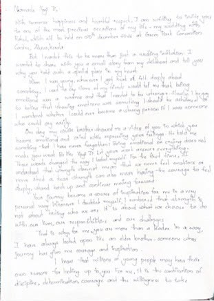 VertigoWarrior's tweet photo. A single video changed her perspective on life; now she wants her inspiration at her wedding.

Arundhati from Kerala, who considers CM Yogi Adityanath her elder brother after his words taught her the strength behind tears, has sent him a handwritten invite for her Dec 20 wedding. A lesson that became a lifelong bond! ❤️🙏