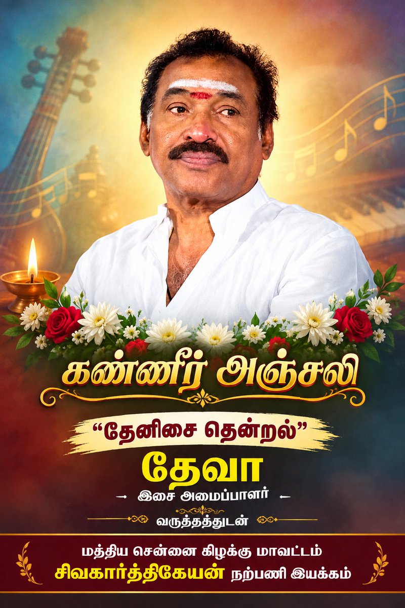 central_ch_EAST's tweet photo. தங்களின் இசையும், பாடல்களும் என்றென்றும் மக்கள் மனதில் ஒலித்துக்கொண்டே இருக்கும்...
மத்திய சென்னை கிழக்கு மாவட்டம் சிவகார்த்திகேயன் நற்பணி இயக்கம் சார்பாக ஆழ்ந்த இரங்கல்கள்! 🖤
#RIPDevaSIR @AllIndiaSKFC https://t.co/aMEMi5bcb0