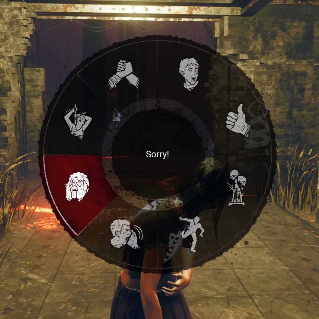 KystriGG's tweet photo. As much as I thoroughly appreciate the player intent wheel, there is one option that's missing that I desperately need... @DeadbyDaylight, if you ever consider adding more communication options, PLEASE add "Sorry!" for me! 🙏 https://t.co/r8B6Ws7sZi