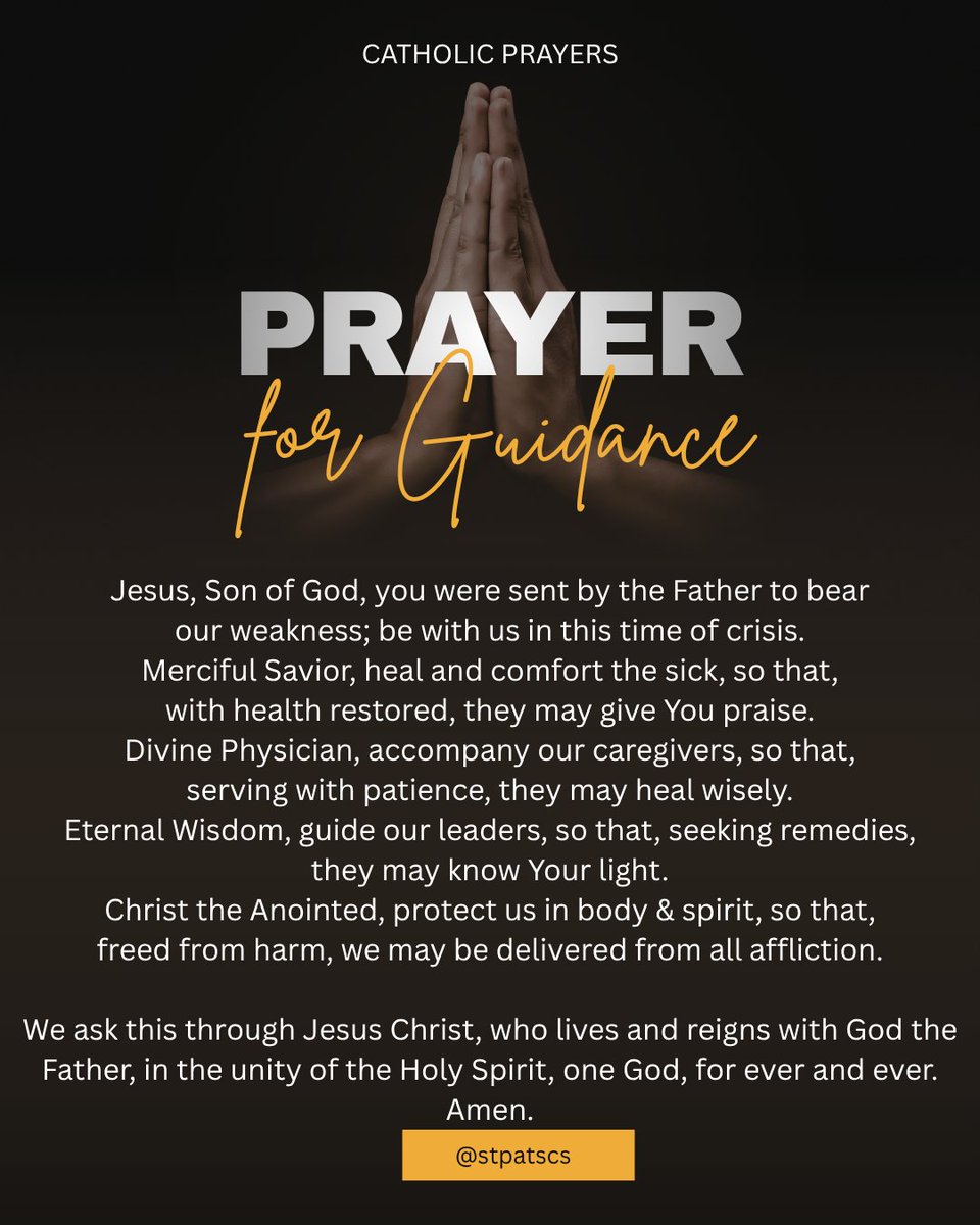 StPatCS's tweet photo. Sacred Saturday!

Today's prayer is the Prayer for Guidance.  If you are in a crisis or in any way need Jesus to guide your steps, this prayer may be one you'd like to use. https://t.co/dZphWy4zCp