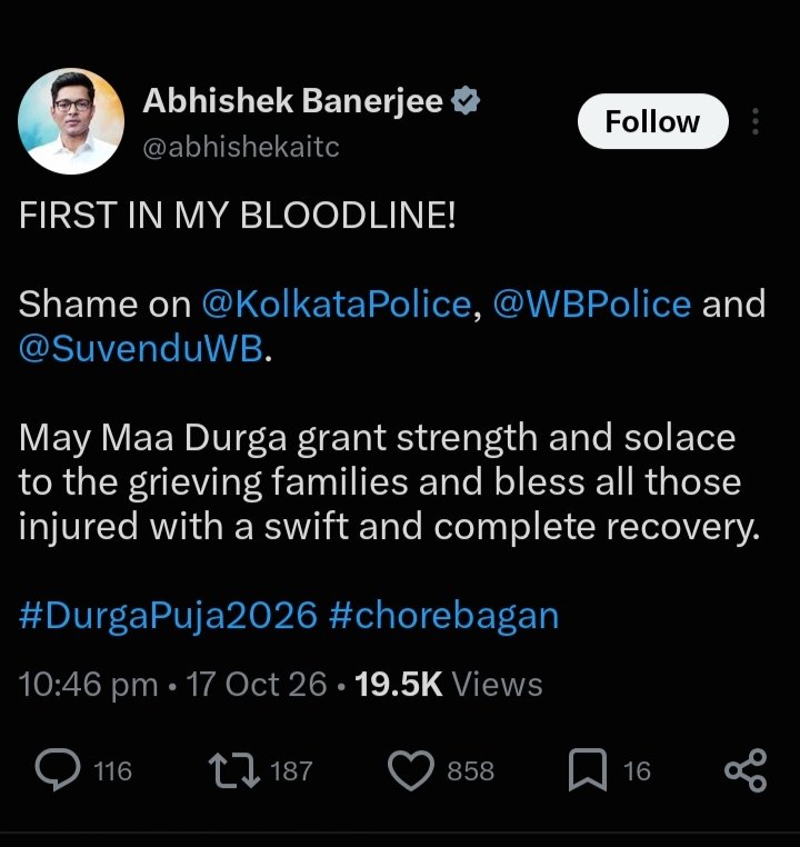 sayan2024's tweet photo. Abhishek Banerjee, please don't play politics over deaths.

These incidents happened under Mamata Banerjee's government:

1. 2016: 27 people died when Vivekananda Road flyover collapsed.

2. 2017: 6 people died in an accident at Gangasagar Mela.

3. 2018: 3 people died when Majerhat Bridge collapsed.

4. 2022: 3 people died during Panihati Danda Mahotsav.

If you ask others to take responsibility, you must also answer for what happened under your own government. The same rules should apply to everyone.