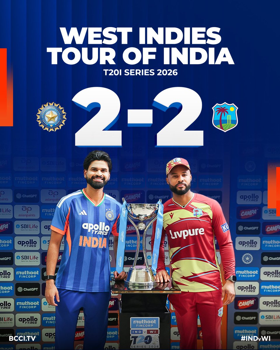 BCCI's tweet photo. Nothing to separate the two sides! 

The #INDvWI T20I series ends in a hard-fought 2-2 draw 🏆

Well played @windiescricket 🤝

#TeamIndia | @mflone_ https://t.co/hctZnBzn2D
