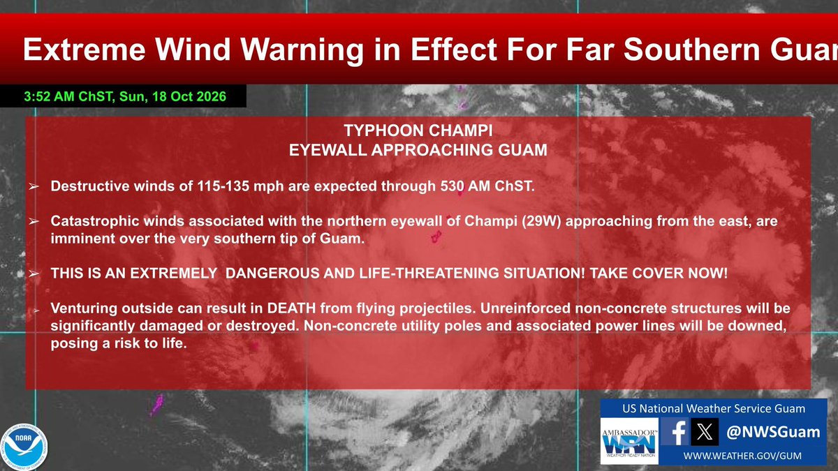 NWSGuam's tweet photo. Sunday, October 18, 2026. 3:52 AM ChST

Typhoon  Champi (29W)

The National Weather Service in Tiyan Guam has issued a

* Extreme Wind Warning for...
  Southern Guam in Guam...

* Until 530 AM ChST. https://t.co/3QoJ7yLz8F