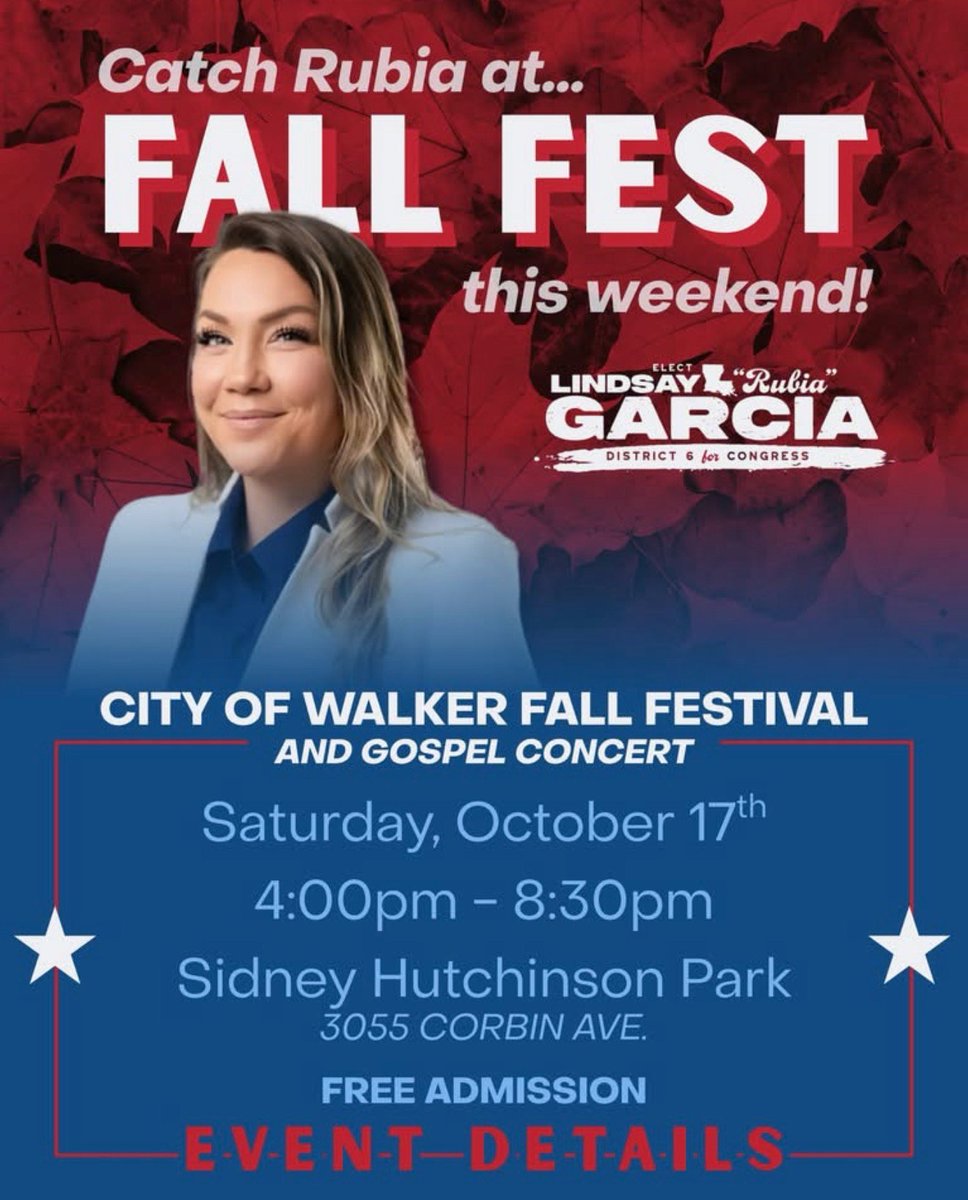 LaDemos's tweet photo. LIVINGSTON PARISH! Catch our endorsed candidate for LA-6, @rubiagarciaforcongress in Walker today at 4 PM for Fall Fest! 🍂 https://t.co/3fhY893ubt