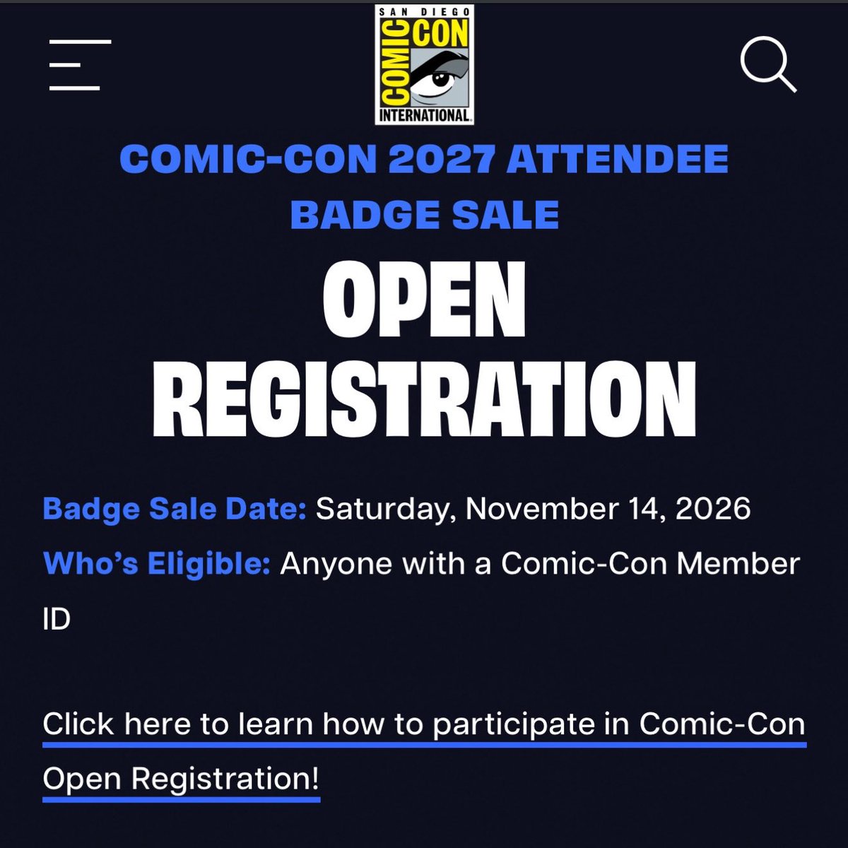 DisTrackers's tweet photo. If you missed out on SDCC tickets or first time going, you can buy in the open registration on 11/14/26! Make your account now so you’re ready to go then!
.
Account - https://t.co/i7YxQZpu3H
Info - https://t.co/DofOZUCxQq
.
#SDCC #ComicCon #Collectibles https://t.co/y8ULV4Arv5