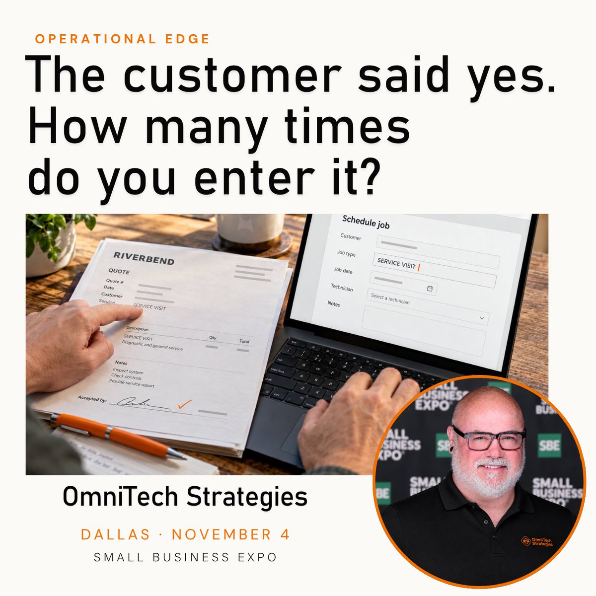 tekprofessional's tweet photo. The customer said yes. How many times do you enter it? Are details copied into spreadsheets, job records, and invoices?

Sound familiar? Message me “CONNECT”—let’s talk about repeated work. Dallas: Small Business Expo, Nov 4. 

#trusttheprocess #revops https://t.co/aJhuQdkQs1