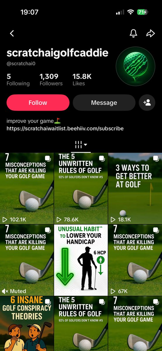 rsalimx's tweet photo. son, this is genuinely terrifying 😭

this is a golf ai caddie app, prolly making ~$50k mrr

they found one format that works and instead of posting it once they’re running it across multiple accounts at the same time

the whole thing is ai illustrations, easily made with gpt image 2

golfers are a rich ICP btw, way bigger purchasing power than most niches on tiktok and nobody’s making slideshows for them

you’re clearly one format away from $10k mrr