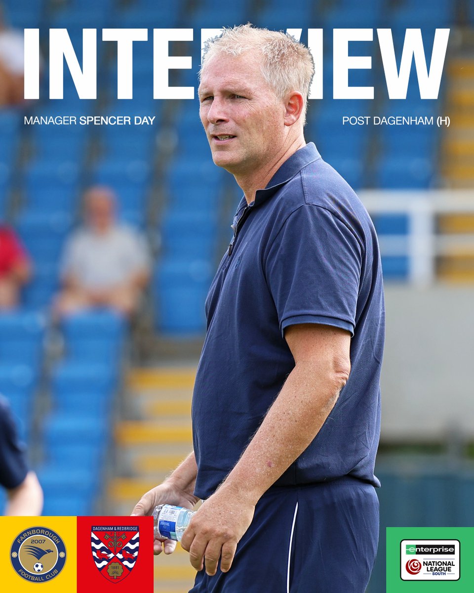 FarnboroughFC's tweet photo. Spencer Day Post Dagenham &amp; Redbridge (H) 🎥

Manager Spencer Day speaks to Farnborough FC TV after the home victory over Dagenham &amp; Redbridge in the Enterprise National League South.

🔗 https://t.co/NxVqlvvhpY https://t.co/wr4u9fK3oy