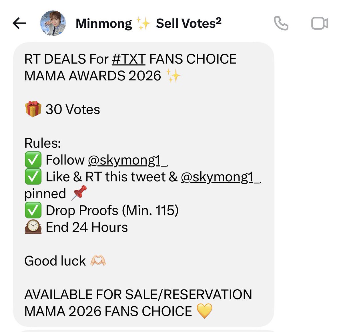 L0VELYBEOMIE's tweet photo. RT DEALS For #TXT FANS CHOICE MAMA AWARDS 2026 ✨

🎁 30 Votes 

Rules:
✅ Follow @skymong1_
✅ Like &amp; RT this tweet &amp; @skymong1_ pinned 📌
✅ Drop Proofs (Min. 115)
🕰️ End 24 Hours

Good luck 🫶🏻

AVAILABLE FOR SALE/RESERVATION MAMA 2026 FANS CHOICE 💛 https://t.co/TYy5Mc6P3Q