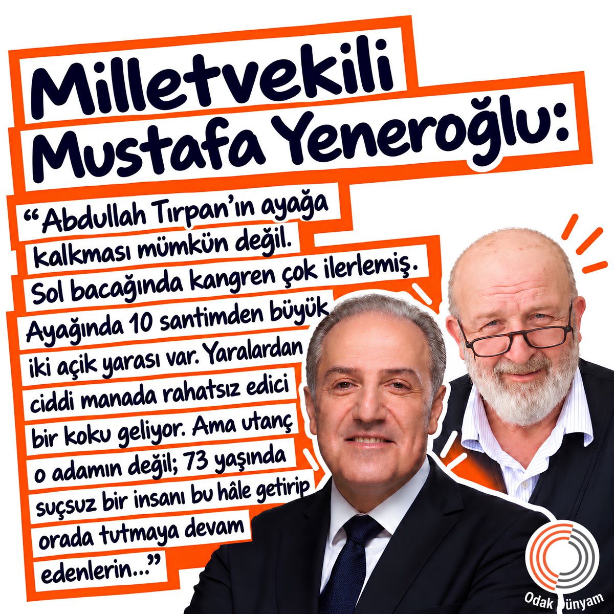 odakdunyam's tweet photo. Abdullah Tırpan’ı bulunduğu cezaevinde ziyaret eden Mv. @myeneroglu: Görüşe tekerlekli sandalyeyle getirilen ve en temel ihtiyaçlarını desteksiz karşılayamayan Tırpan için Adli Tıp Kurumu raporunda, “Günlük ihtiyaçlarını yardımsız karşılayabildiği” yazıyor.

AbdullahTırpan https://t.co/RMSWg5HxTT