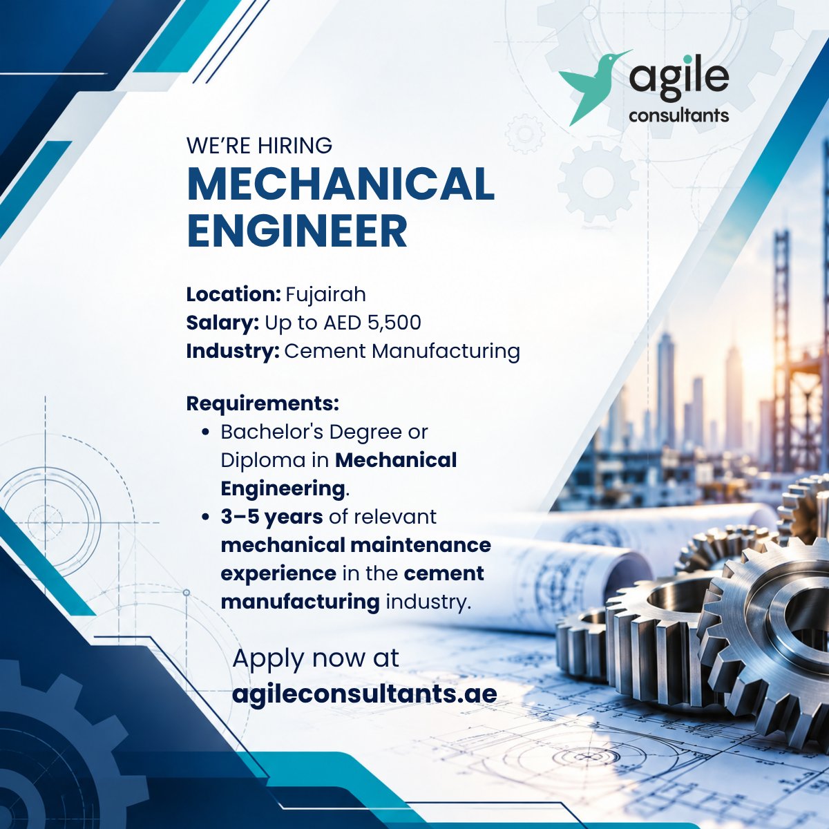 AgileUAE's tweet photo. Agile Consultants is hiring a Mechanical Engineer for our client in the cement industry, based in Fujairah. Apply: https://t.co/4kgw7JYNuq

#Hiring #Jobs #MechanicalEngineer #CementManufacturing #AgileConsultants https://t.co/dtlMkRbblQ