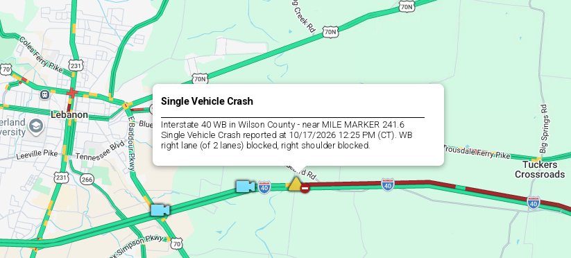 LiveTraffic2's tweet photo. Wilson County/Lebanon Area- A crash being cleared on I-40 westbound at 241 mm 1:08pm CT. https://t.co/5uK3erZB2W #CommanderChuck #Nashville #Knoxville #Tennessee #TDOT #Traffic #TrafficAlert #Gas #Travel #Live #THP #Weather #Follow https://t.co/bEjYJYIC1X