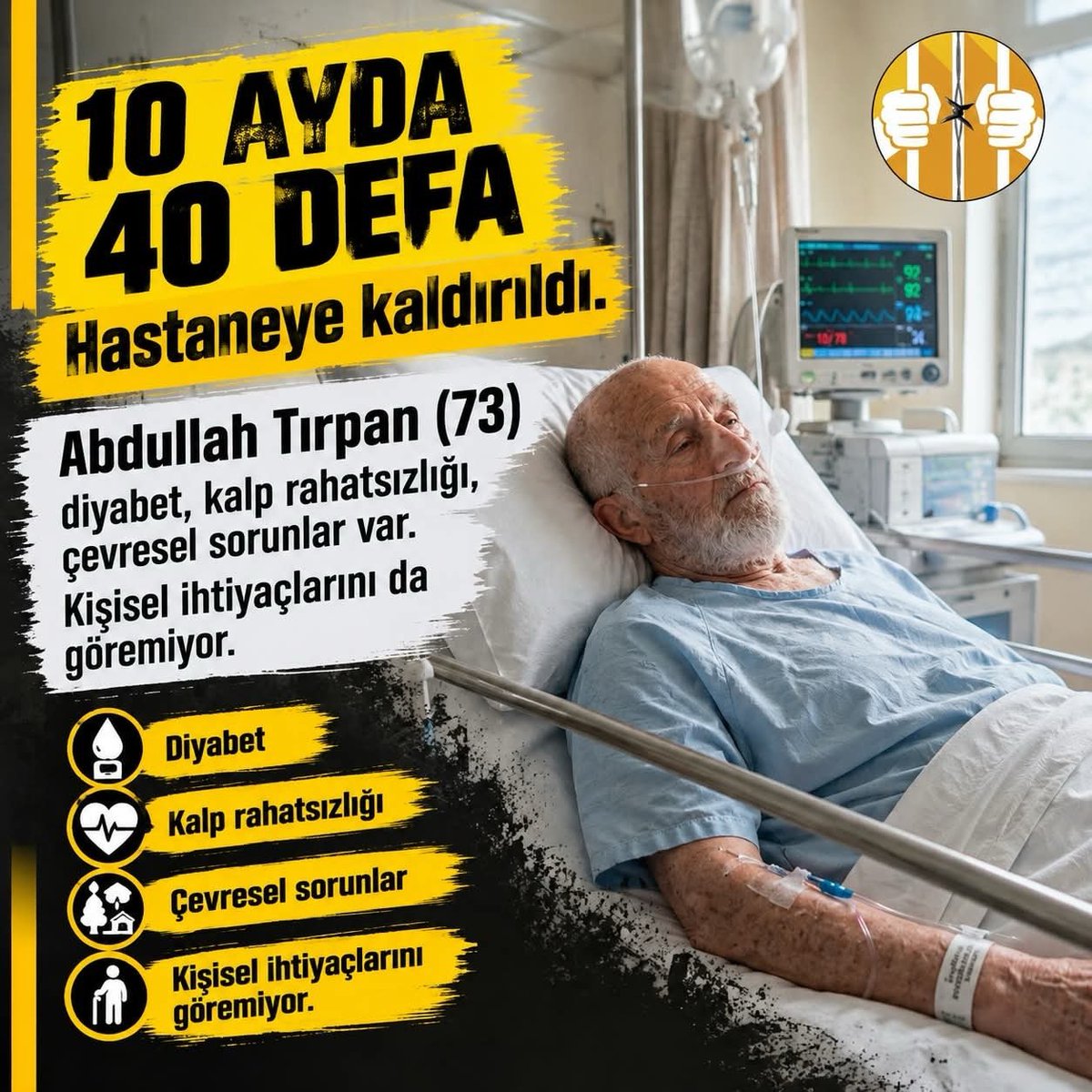 Amandalxep's tweet photo. Cezaevleri şifa yeri değil, tecrit yeridir. Ağır hastalıkları sebebiyle tek başına hayatını idame ettiremeyen #AbdullahTırpan derhal tahliye edilmeli ve ailesinin yanında tedavi edilmelidir! https://t.co/mSHrqNpnWP