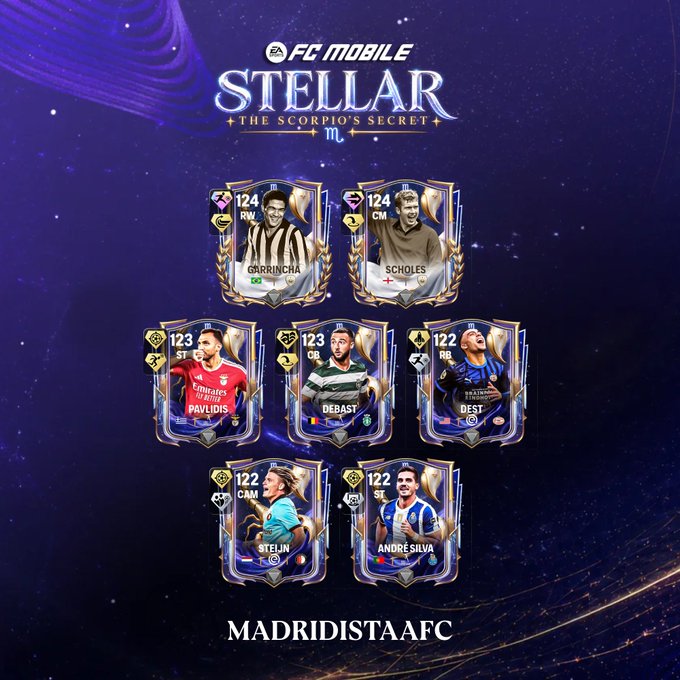 KomarikFC's tweet photo. Stellar: Scorpio (Скорпион)
Draft 124 OVR Garrincha ,Paul Scholes  
123 OVR Zeno Debast ,Vangelis Pavlidis  
122 OVR Sergiño Dest Sem ,Steijn André Silva  

#FCMobile #Stellar #Scorpio https://t.co/TFnOmwX7aq