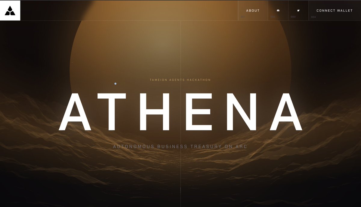 Suganthan2006's tweet photo. Athena is an autonomous treasury agent on Arc testnet, built for Tameion. Athena commits, reveals, or the contract freezes. Built with @thecanteenapp @arc @circle for Tameion Agents Hackathon 

Pitch : https://t.co/hZpk6P9o4I
Demo : https://t.co/tAT7dNA5Vg https://t.co/VTWootDIkQ