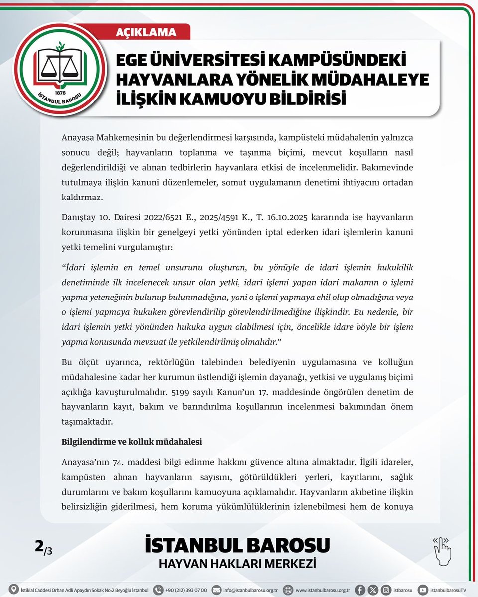 istbarohhaklari's tweet photo. EGE ÜNİVERSİTESİ KAMPÜSÜNDEKİ HAYVANLARA YÖNELİK MÜDAHALEYE İLİŞKİN KAMUOYU BİLDİRİSİ https://t.co/cvXk17q3Iv