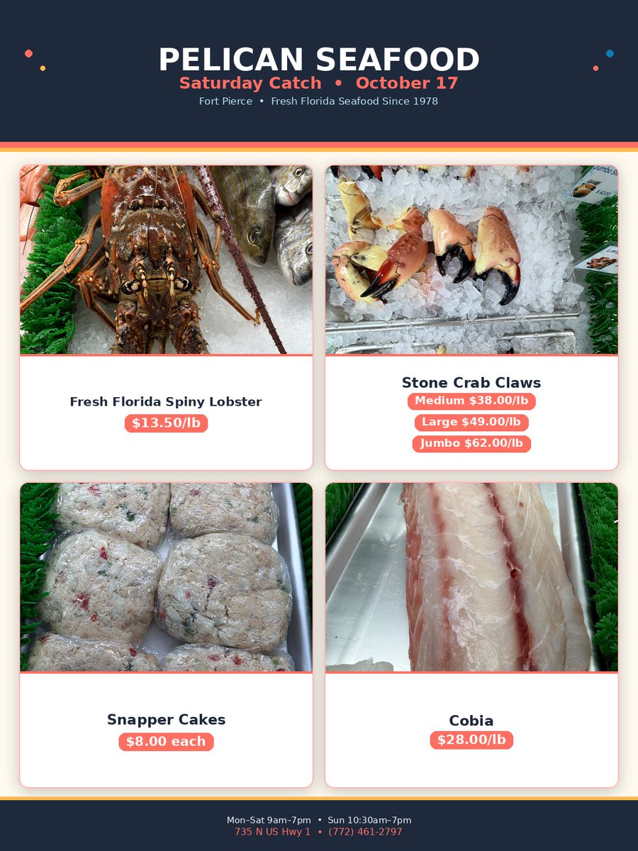 Pelican_Seafood's tweet photo. Saturday Catch at Pelican Seafood! 🐟🦞
Spiny Lobster $13.50/lb
Stone Crab Claws M $38.00 · L $49.00 · J $62.00/lb
Snapper Cakes $8.00 each
Cobia $28.00/lb
735 N US Hwy 1, Fort Pierce · Open till 7pm
#FreshCatch #StoneCrab #FortPierce https://t.co/hflzIVZCdW