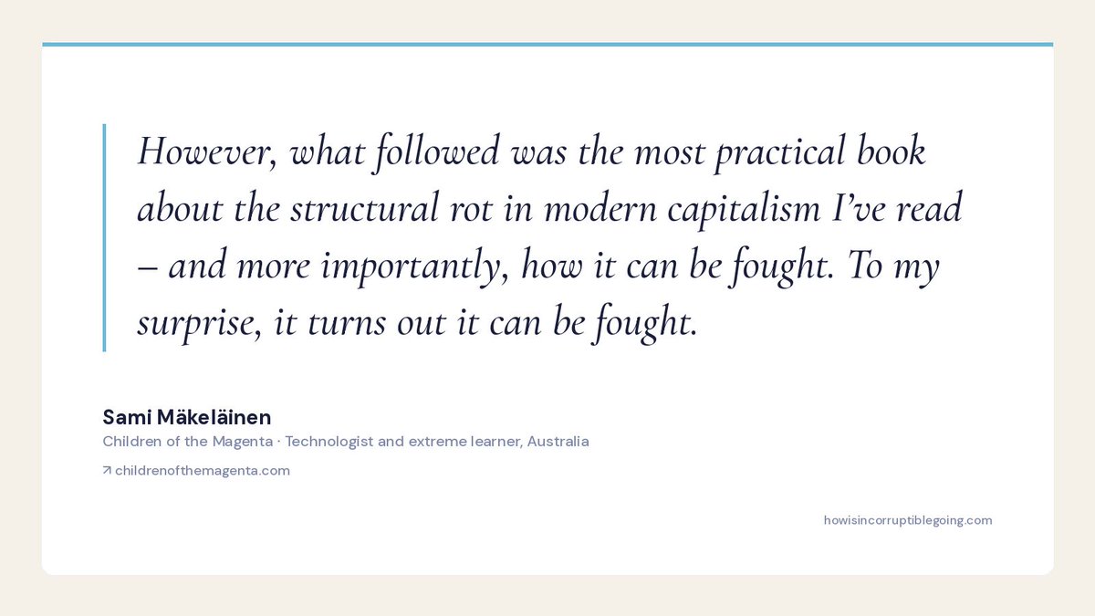 ericries's tweet photo. Sami Mäkeläinen in his Children of the Magenta review of Incorruptible: "the most practical book about the structural rot in modern capitalism I've read" https://t.co/lVq4RQzlrz https://t.co/ORu59YD2dS