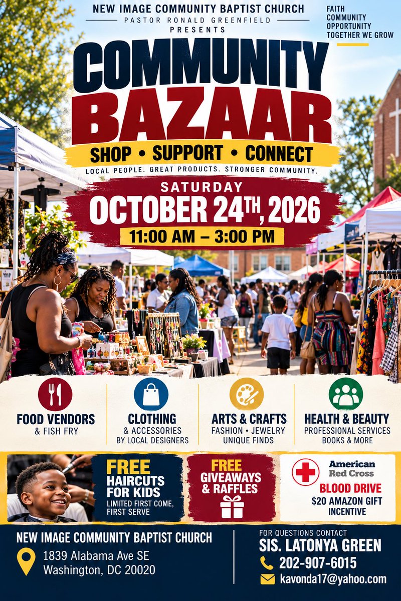 DCNowEvents's tweet photo. #FeaturedEvent 🛍️ Shopping bags, a fish fry, kids’ haircuts and neighborhood finds? Sounds like Saturday plans!

🎟 RSVP for tickets ⤵️
https://t.co/X1hMvzyKlW

Next Saturday, October 24th, New Image Community Baptist Church hosts its Community Bazaar in Southeast Washington, DC, bringing local businesses, families and neighbors together for an afternoon of shopping and activities.

Explore clothing, jewelry, arts and crafts, beauty products and more, plus giveaways, raffles and an American Red Cross blood drive.

📅 11 AM–3 PM
📍 1839 Alabama Ave SE, Washington, DC

Bring the family, shop local and enjoy the afternoon!