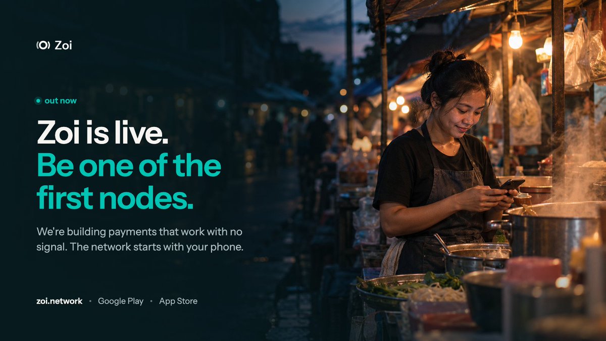 zoi_network's tweet photo. Zoi is live.

Starting today, anyone can join the network on Google Play, the App Store, or straight from https://t.co/7sYsnWaR8i

Digital money has always had one weak spot: it stops the moment the signal does. A packed stadium. A metro tunnel. A blackout. A ferry between islands. A festival with 80,000 people and one overloaded cell tower. The places where life actually happens are often the places where payments go quiet.

We're building the network that changes that.

Payments that keep moving when the internet doesn't. No signal, no data plan, no one in the middle who can switch it off. Money that works wherever people are, not just where the coverage map says it should.

This isn't something you can build in a lab. It needs phones. Millions of them, in every city, every market, every dead zone on the map. Each phone that joins makes the network stronger for everyone around it.

That's what starts today.

From day one you can:
• Sync every 4 hours and grow your ZOI balance
• Build a streak that makes every sync count for more
• Bring your friends in and grow with them

It's free and takes a single tap. One phone, one account. Built for the whole world.

The first nodes are the ones that shape what this becomes.

Be one of them.

Get the app: https://t.co/7sYsnWaR8i