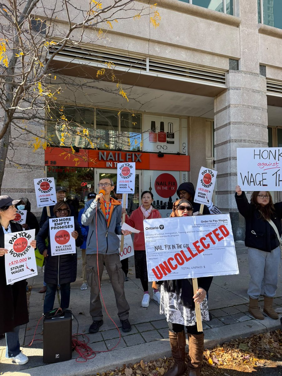 WorkersAC's tweet photo. For a second week we are at Nails Fix in the Six in #Scarborough and #Leslieville to demand they pay up! 

Over 10 nail technicians who worked for the salon are collectively owed more than $70,000. Despite several orders to pay from the Ontario Ministry of Labour, not a single cent has been paid. #StopWageTheft