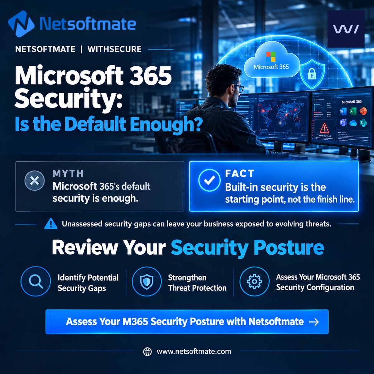 Netsoftmate's tweet photo. Is Microsoft 365’s default security enough? 

@Netsoftmate  with @WithSecure  helps identify gaps and strengthen protection. 

🌐 https://t.co/IN8RNFZr8Z

 #Netsoftmate #WithSecure #Microsoft365Security #CyberSecurity https://t.co/1qWfooPCR7