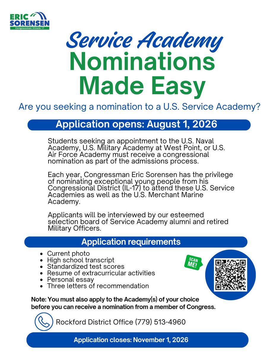 RepEricSorensen's tweet photo. High School students: there's still time to submit your application for Congressional Nomination to one of our prestigious U.S. Service Academies.

It is an honor to be but a small part of this process, helping give #IL17's young people a chance to make their dreams come true.

Learn more below!